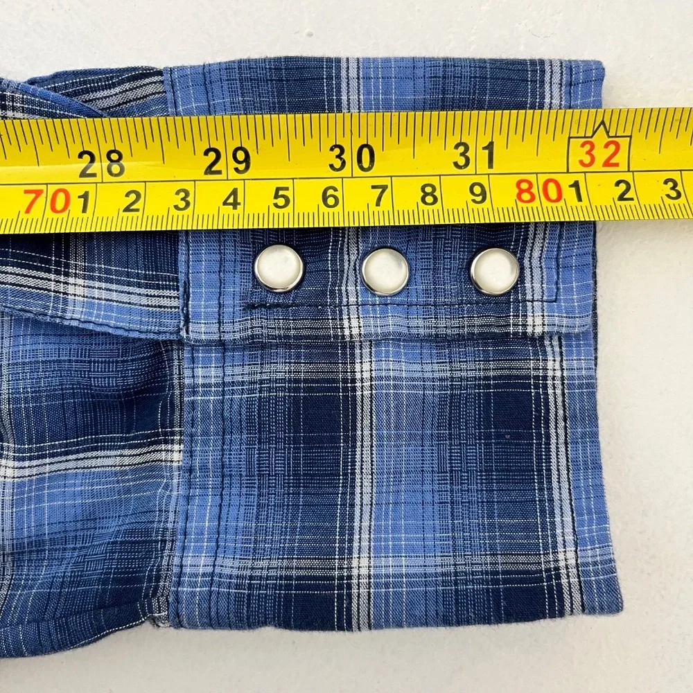 Wrangler Western Shirt Mens Large Blue Preppy Plaid Snap Button Up Long Sleeve - Picture 9 of 9